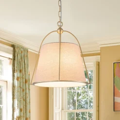 Modern Ivory Linen Conical Drum Cage Pendant Light