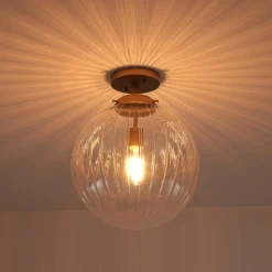 Modern 1-Light Clear Ribbed Glass Globe Semi Flush Mount