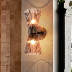 Modern 2-Light Up Down Pleated Glass Cone Wall Sconce