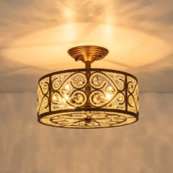 Moroccan Antique Crystal Drum Cage Semi Flush Mount
