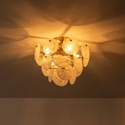 (OpenBox) Brass Tiered Opal Swirl Glass Semi Flush Chandelier