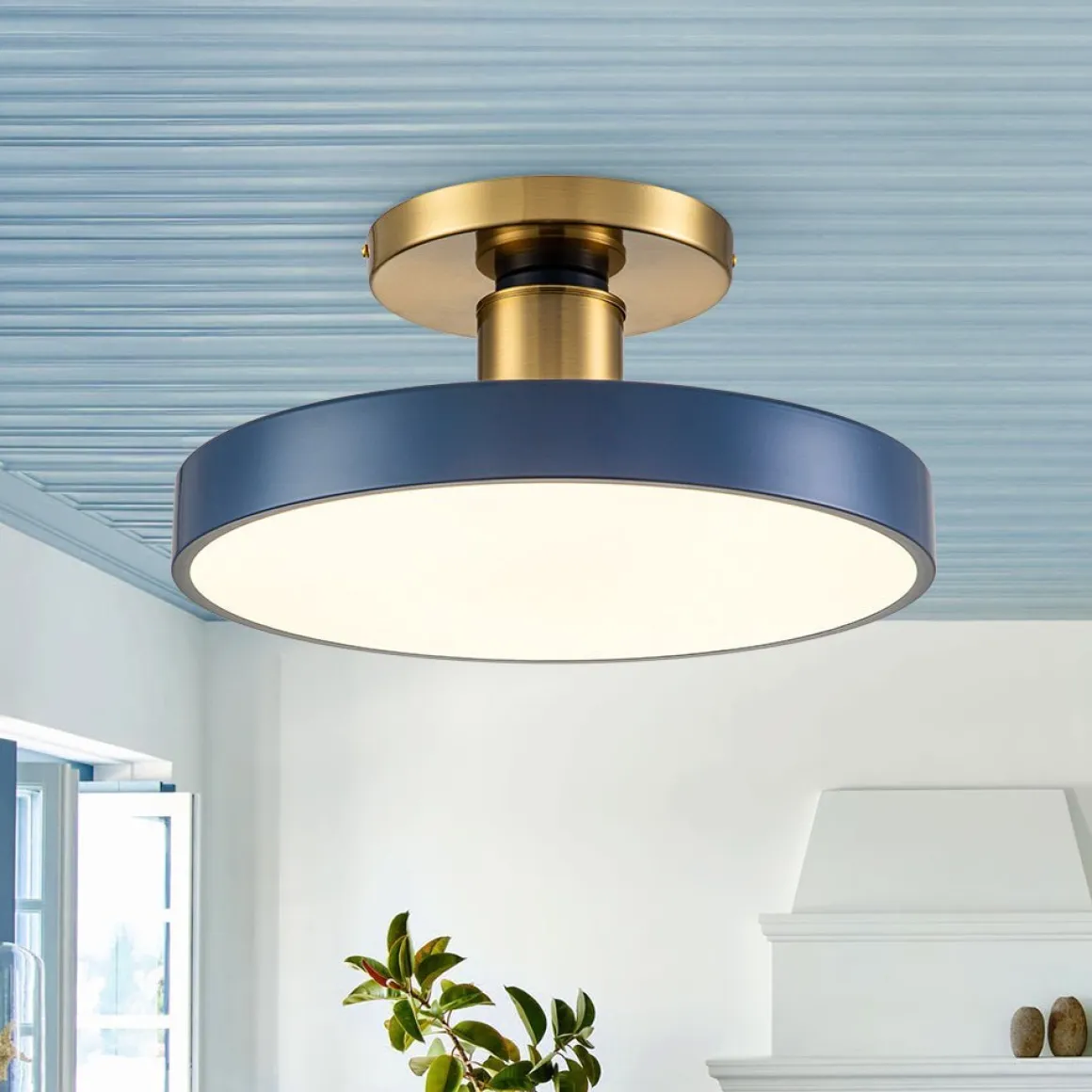(OpenBox) Contemporary Brass Blue Round LED Semi Flush Lighting