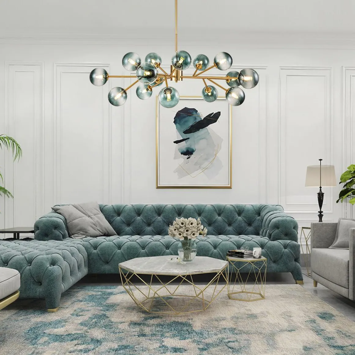 (OpenBox) 15-Light Branch Blue Glass Globe Bubble Chandelier