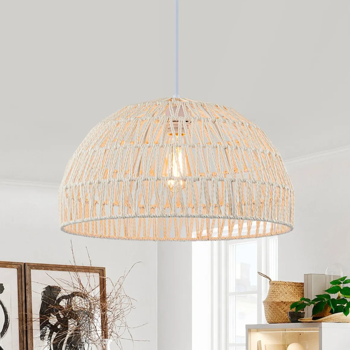 (OpenBox) 1-Light Coastal Bohemian Woven Rope Dome Pendant