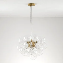 (OpenBox) 6-Light Dimmable Brass Cluster Clear Glass Bubble Sphere Chandelier