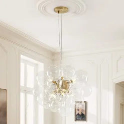 (OpenBox) 6-Light Dimmable Brass Cluster Clear Glass Bubble Sphere Chandelier