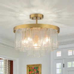 (OpenBox) Tiered Hammered Water Glass Round Semi Flush Mount