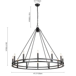 Oversized Vintage Black Candle Style Wagon Wheel Chandelier