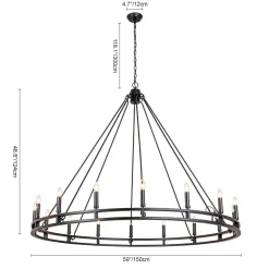 Oversized Vintage Black Candle Style Wagon Wheel Chandelier