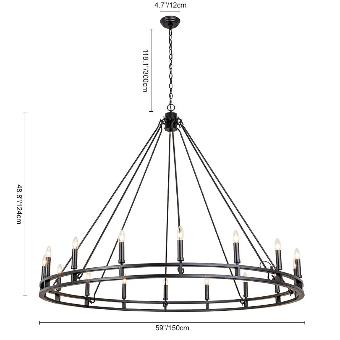 Oversized Vintage Black Candle Style Wagon Wheel Chandelier