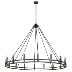 Oversized Vintage Black Candle Style Wagon Wheel Chandelier