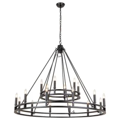 Oversized Vintage Black Candle Style Wagon Wheel Chandelier