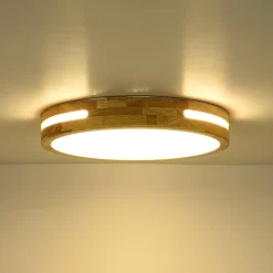 Rustic Dimmable LED Wood Round Flush Mount Light