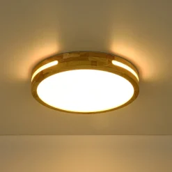 Rustic Dimmable LED Wood Round Flush Mount Light