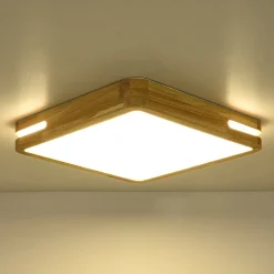 Rustic Dimmable LED Wood Square Flush Mount Light
