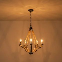 Rustic Hemp Rope Wooden Round Candle Chandelier