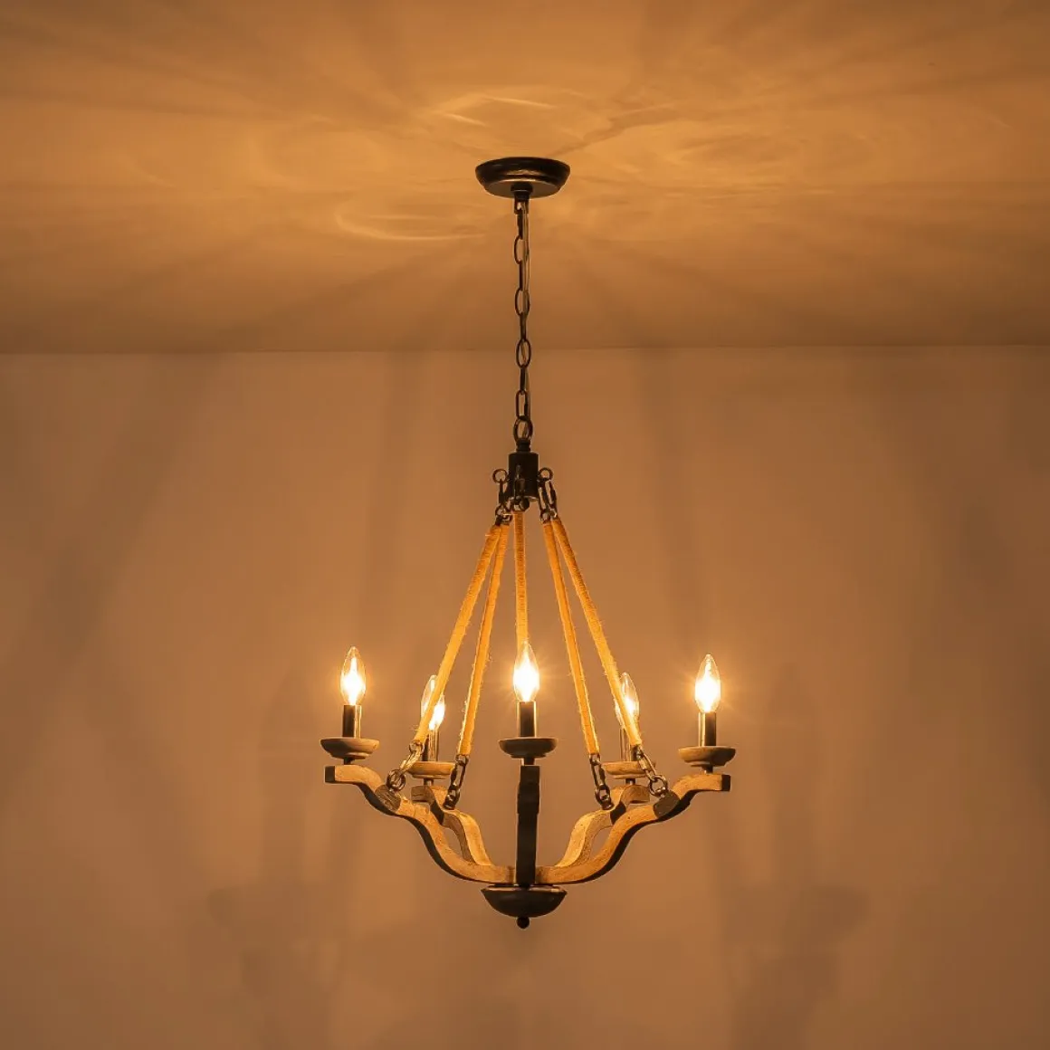 Rustic Hemp Rope Wooden Round Candle Chandelier