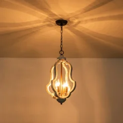 Rustic 4-Light Whitewashed Wood Cage Pendant Light