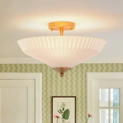 Sculptural Shine Opal Glass Pleated Cone Semi Flush Mount