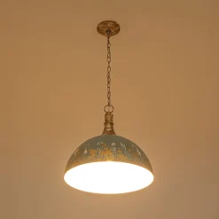 Shabby Chic Distressed Gilded Patina Teal Dome Pendant Light