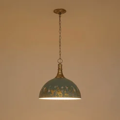 Shabby Chic Distressed Gilded Patina Teal Dome Pendant Light