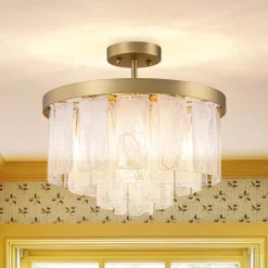 Tiered Opal Swirl Glass Round Semi Flush Mount Chandelier