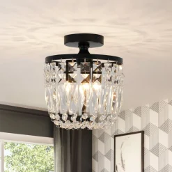 Vintage Black Draped Crystal Round Semi Flush Mount