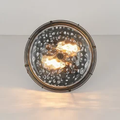 Vintage 2-Light Hammered Glass Round Drum Flush Mount